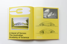 Load image into Gallery viewer, Spread from the book 'Grounds, Romberg &amp; Boyd: Melbourne’s Midcentury Modernists' featuring  section drawings and photos of the Australian Academy of Science. ISBN 9781922601278
